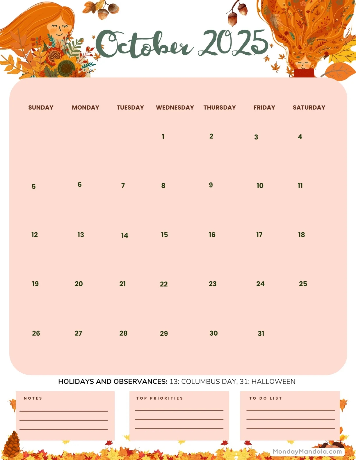 Cute October Calendar 2025