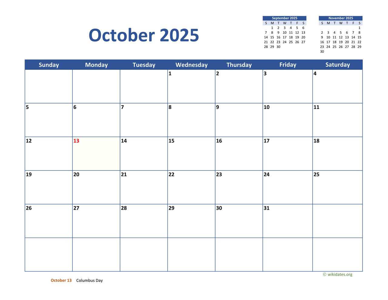 October 2025 Calendar Classic WikiDates