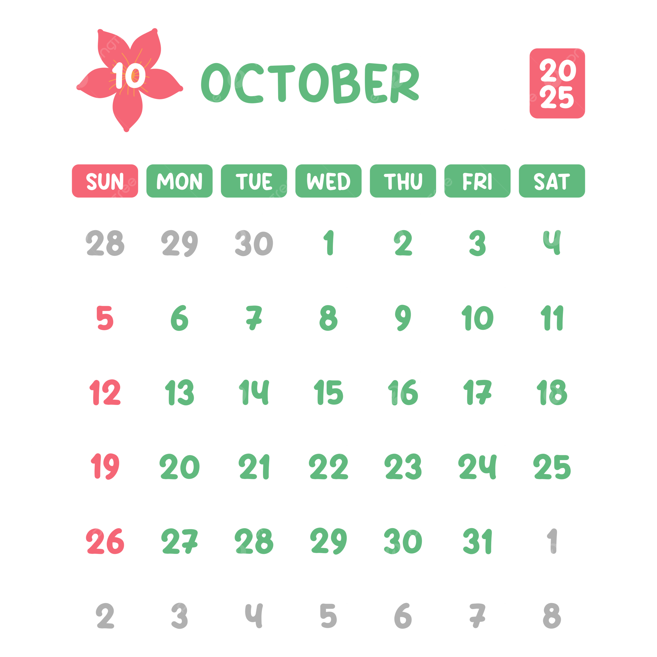 October 2025 Calendar Cute Pink Flower Vector October 2025 Monthly Calendar 2025 PNG And Vector With Transparent Background For Free Download