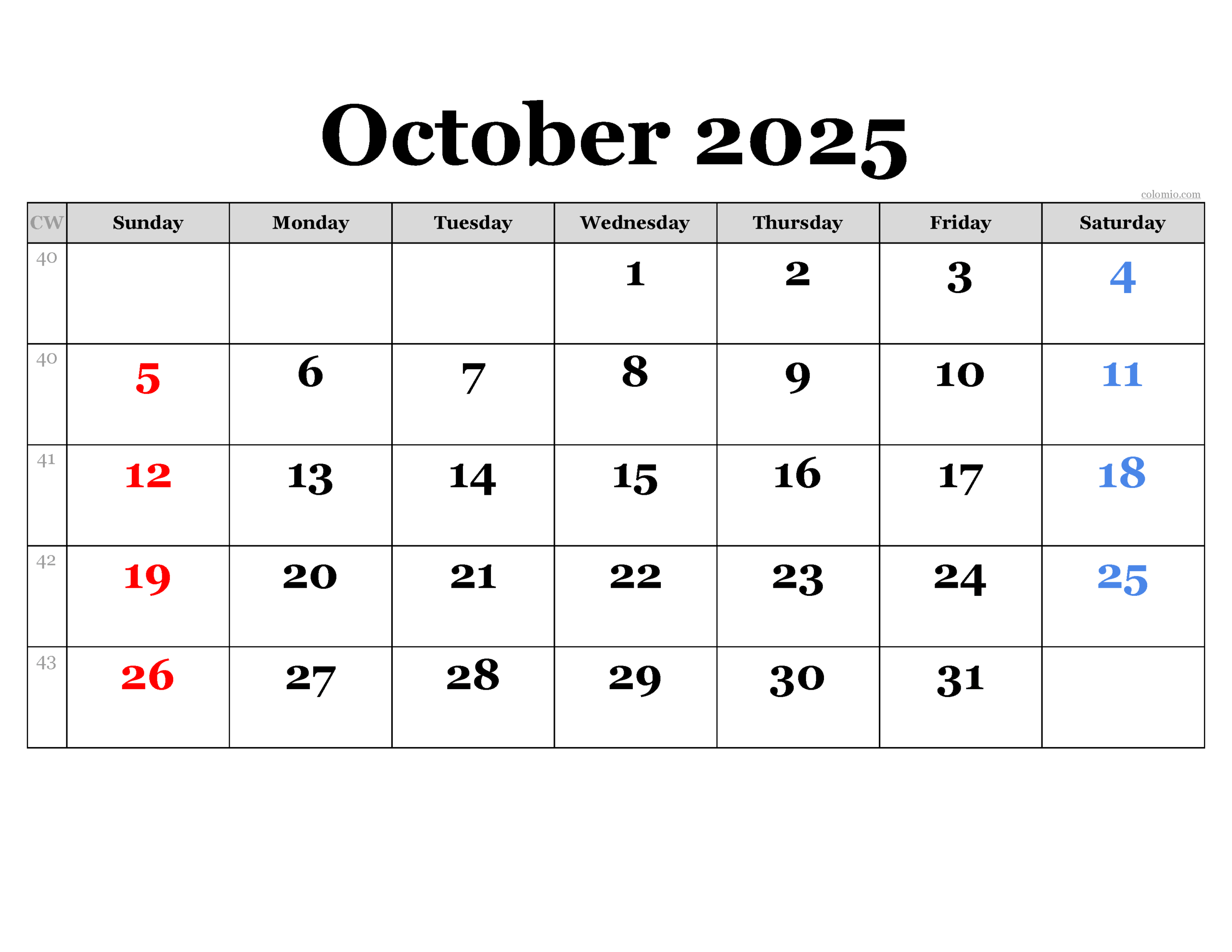 October 2025 Calendar Free Printable PDF XLS And PNG
