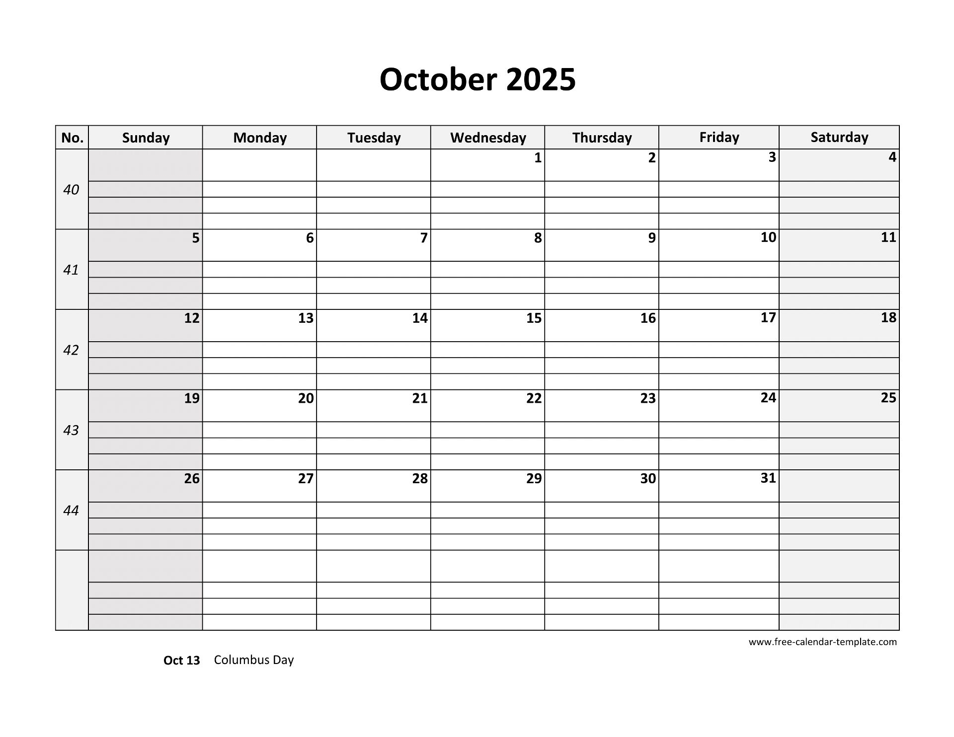 October 2025 Calendar Free Printable With Grid Lines Designed horizontal Free calendar template