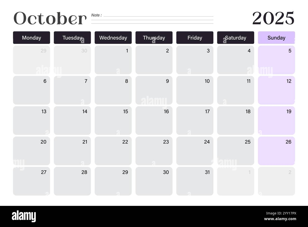 October 2025 Calendar Monthly Planner Template Sunday Start Vector Design Stock Vector Image Art Alamy