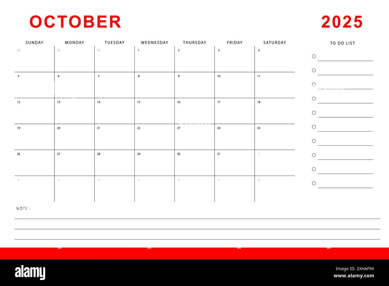 October 2025 Calendar Monthly Planner Template Sunday Start Vector Design Stock Vector Image Art Alamy
