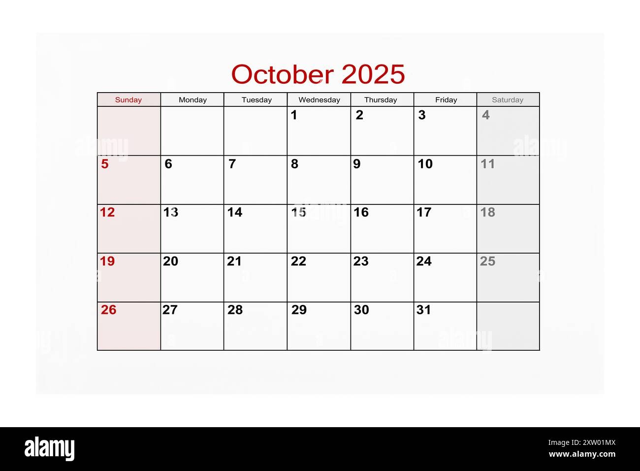 October 2025 Calendar Page For 2025 Year Isolated On White Background Stock Photo Alamy