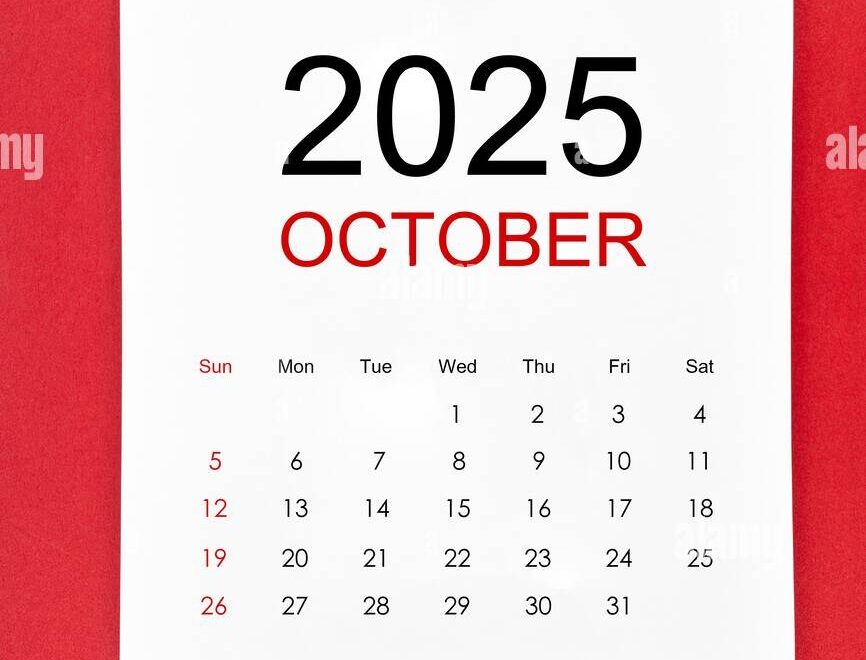 October 2025 Calendar Page With Push Pin On Red Color Background Stock Photo Alamy