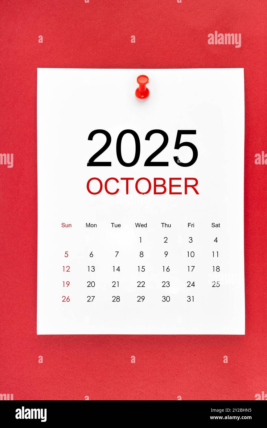 October 2025 Calendar Page With Push Pin On Red Color Background Stock Photo Alamy