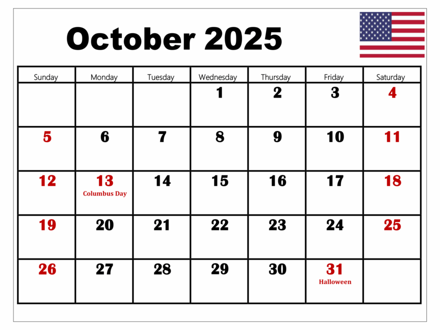October 2025 Calendar Printable PDF Template With Holidays
