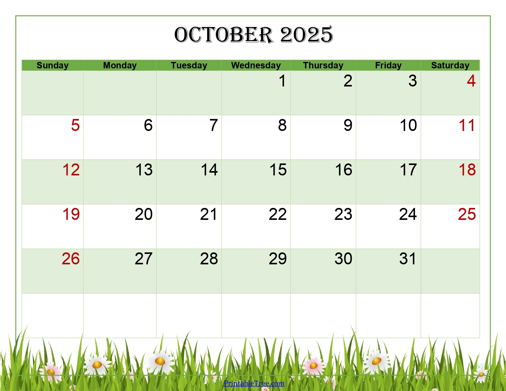 Printable Calendar October 2025 Landscape
