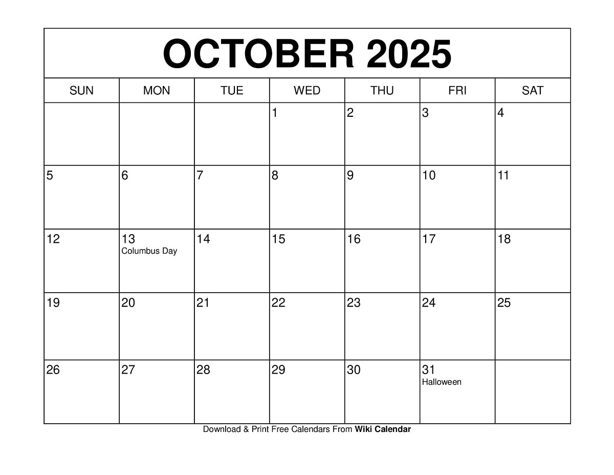 2025 Calendar Template October