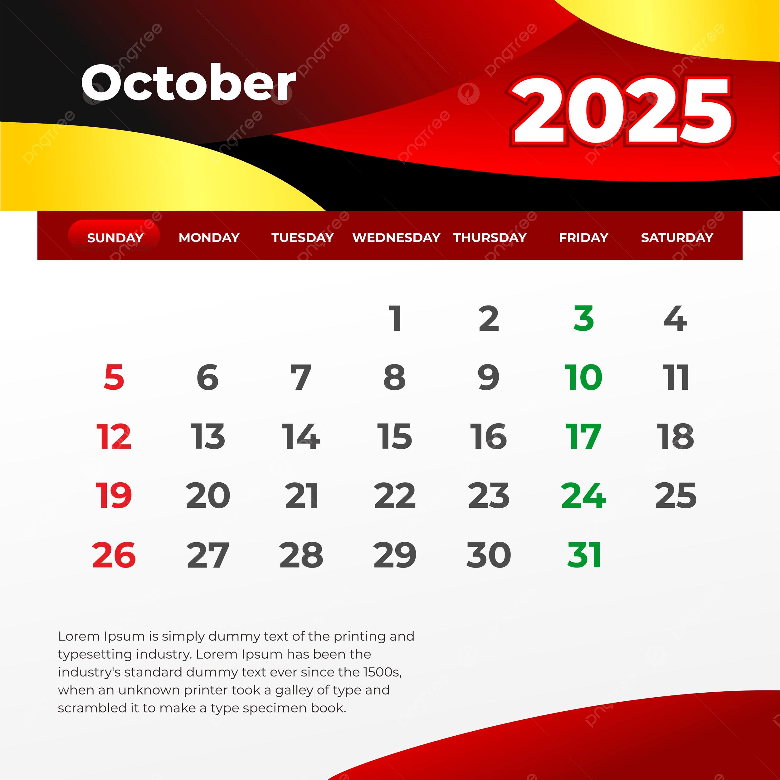 October 2025 Calendar Ready To Print Vector Template Download On Pngtree