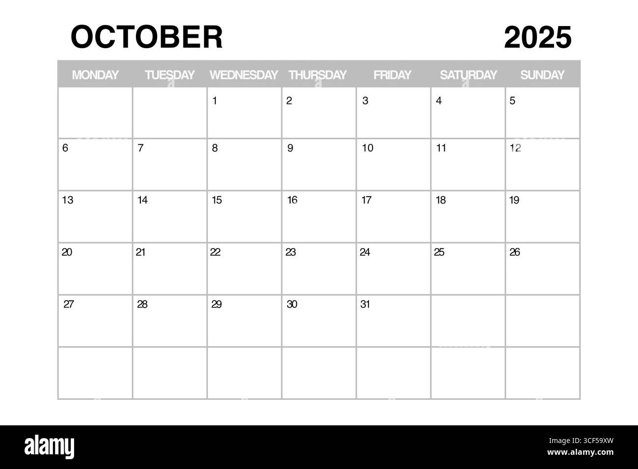 October 2025 Calendar Template On White Paper Background Stock Photo Alamy