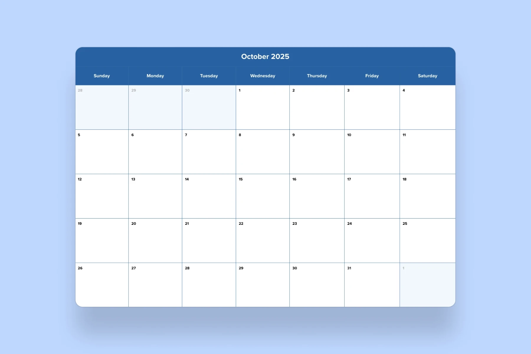 Calendar Printable October 2025