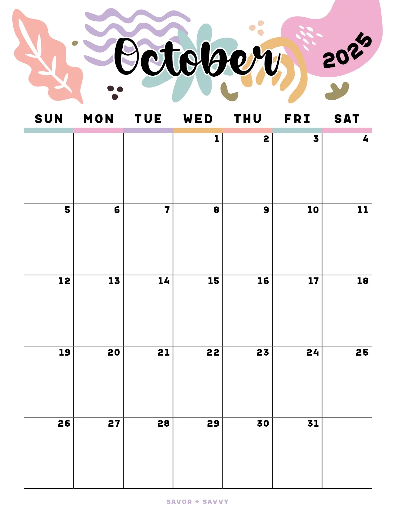 Pretty October Calendar 2025