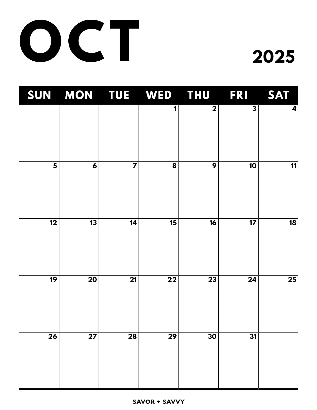 October 2025 Calendar Templates 14 Free Printables Savor Savvy