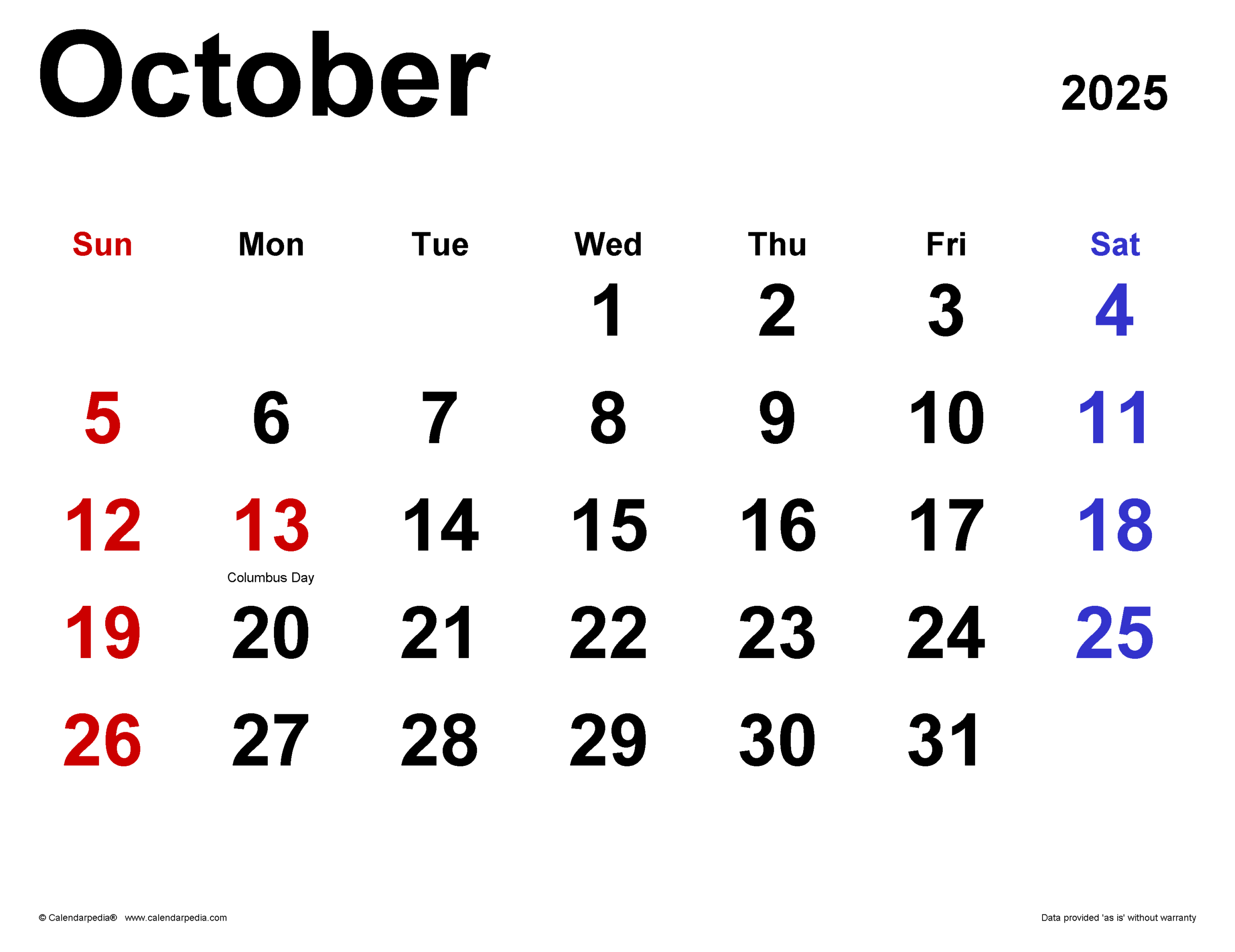 October 2025 Calendar Templates For PDF Excel And Word