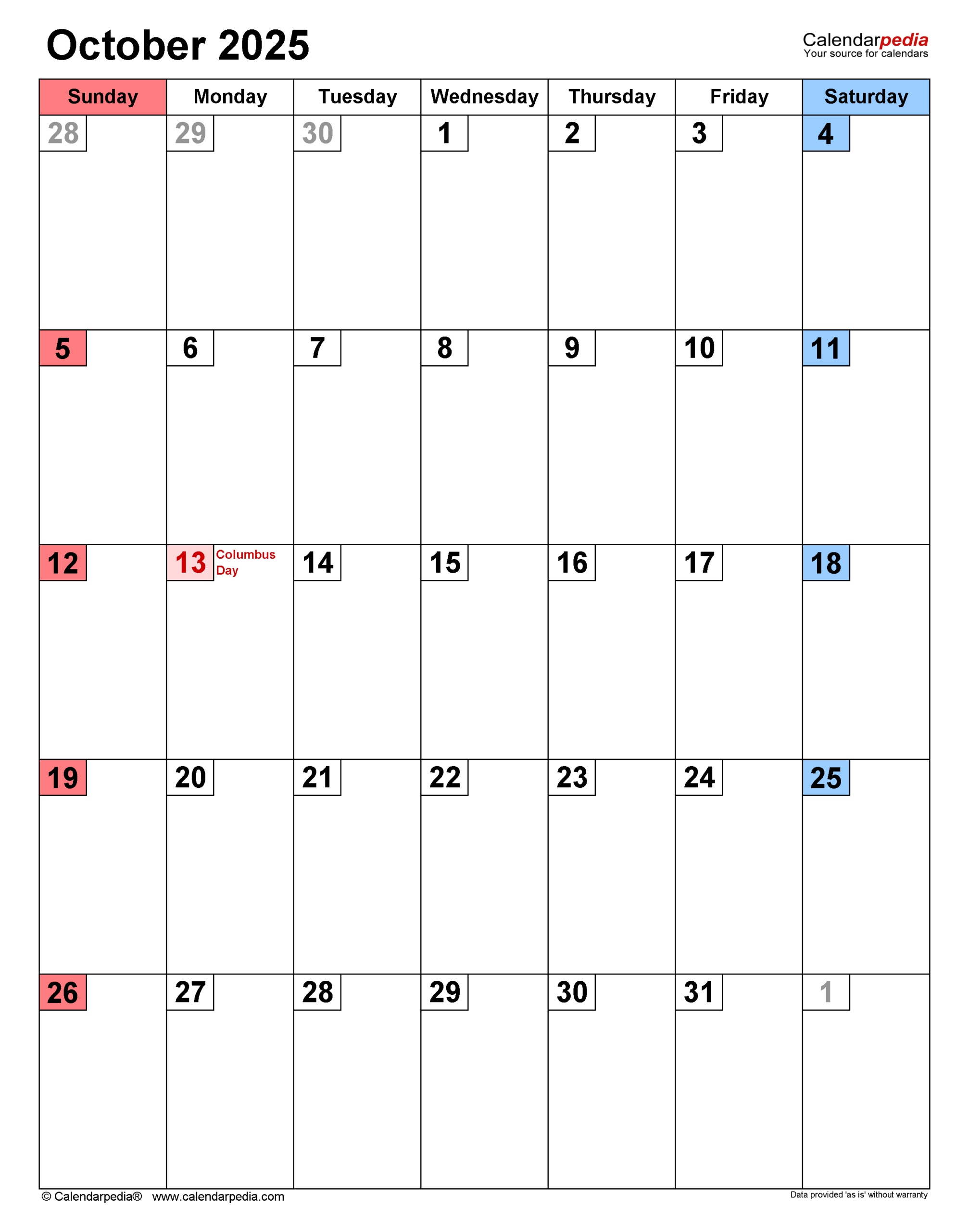 October 2025 Calendar Templates For PDF Excel And Word