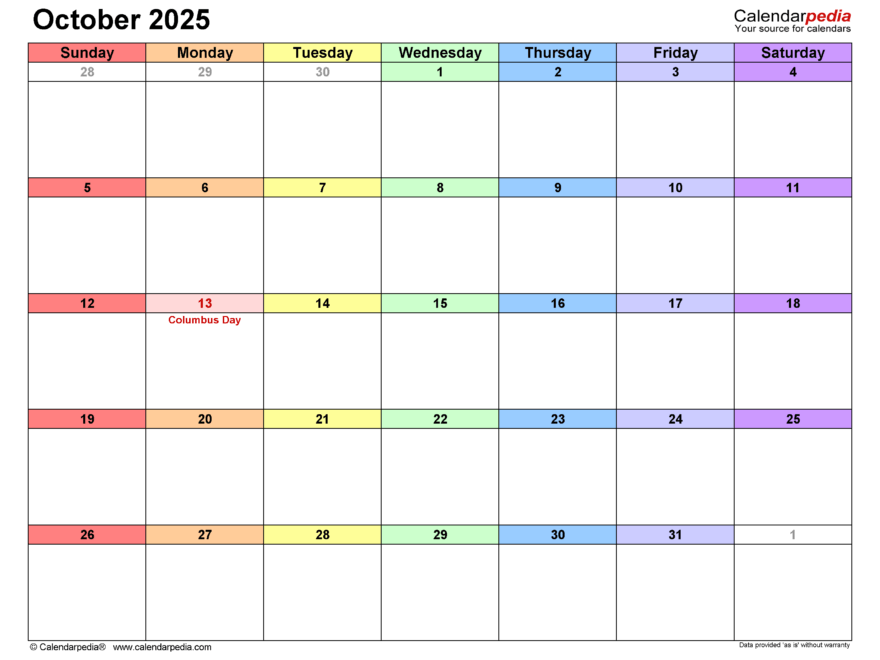 October 2025 Calendar Templates For PDF Excel And Word