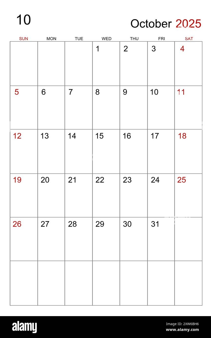 October 2025 Calendar Vertical Template On White Background Stock Photo Alamy