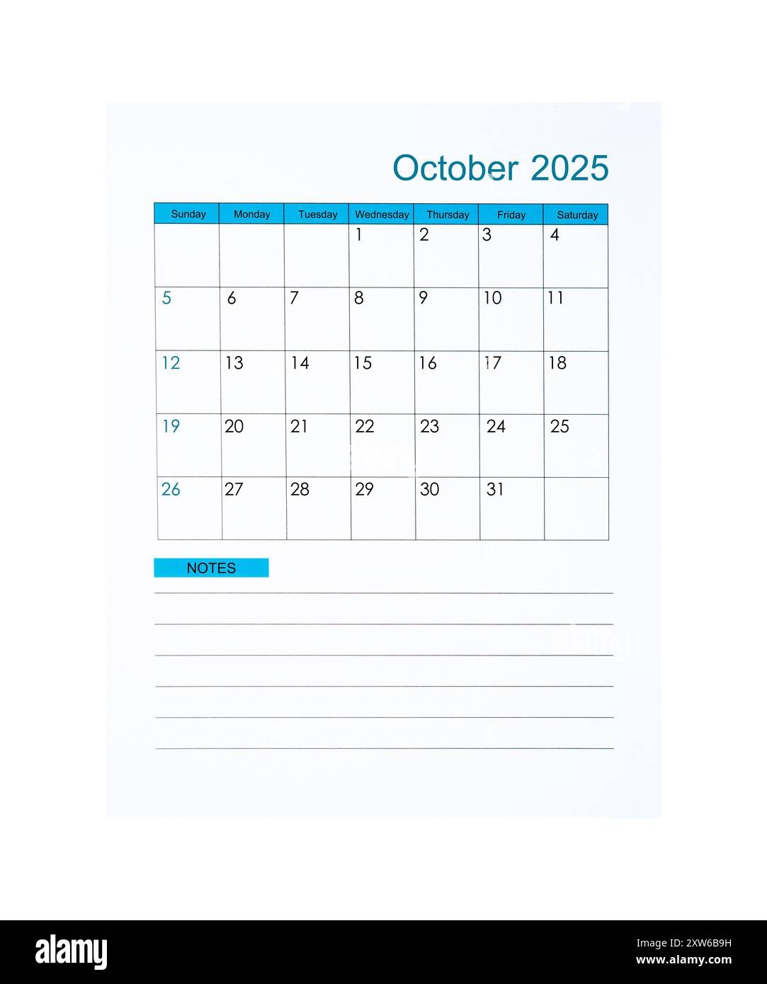 October 2025 Calendar Vertical Template On White Background Stock Photo Alamy