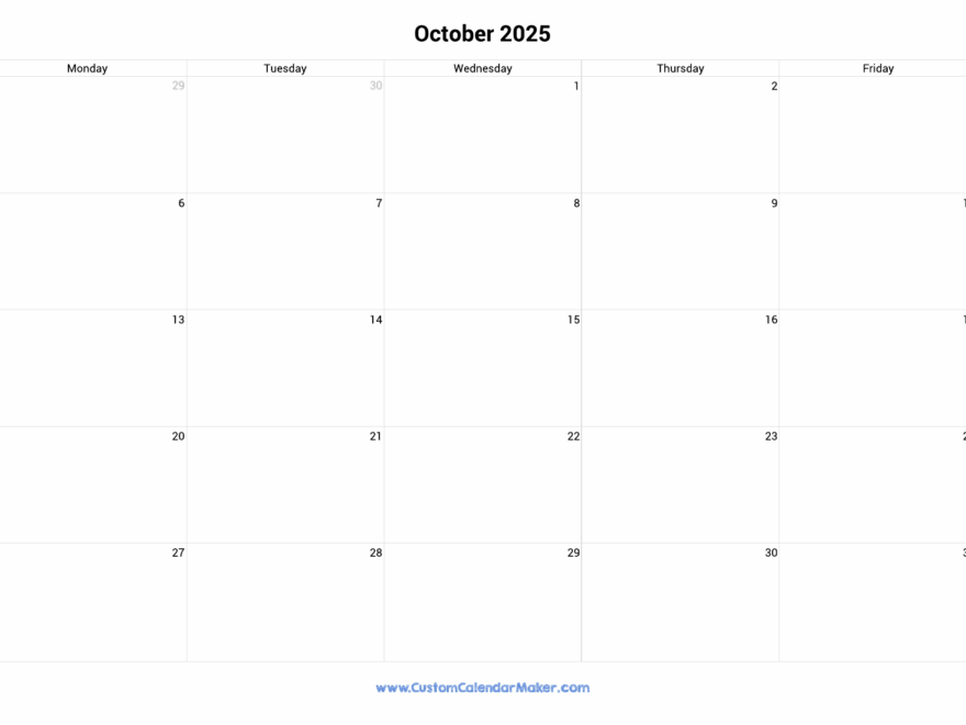 October 2025 Calendar Weekdays Only Monday To Friday Custom Calendar Maker