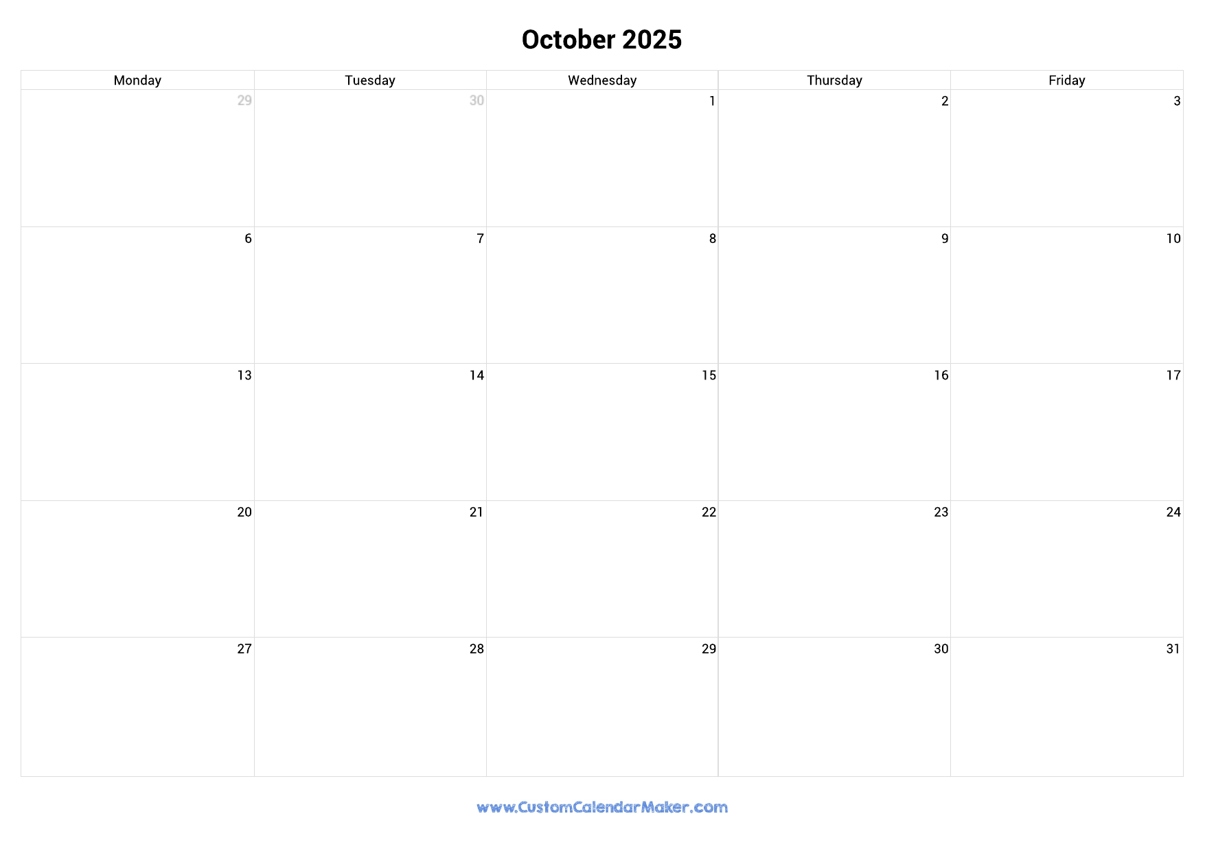 October 2025 Calendar Weekdays Only Monday To Friday Custom Calendar Maker