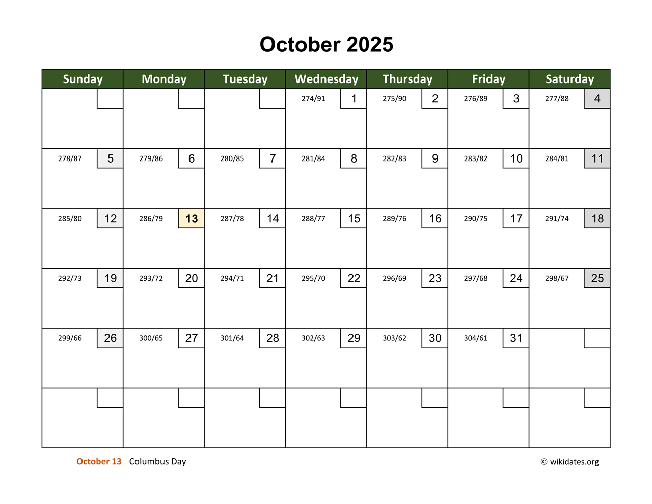 Monthly October 2025 Calendar