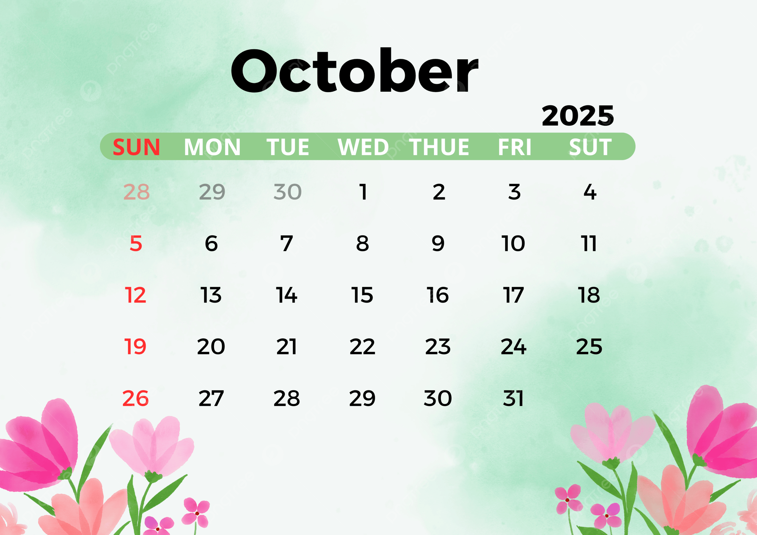 October 2025 Calendar With Flower Background Template Download On Pngtree