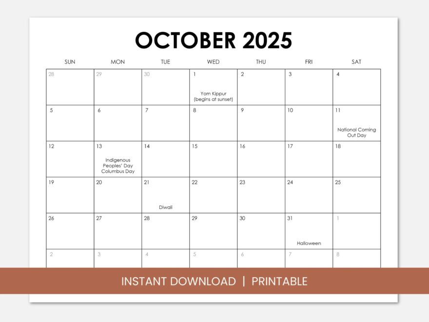 October 2025 Calendar With Holidays Printable Dated October Monthly Calendar Instant Digital Download PDF Sunday Start Monday Start Etsy Singapore