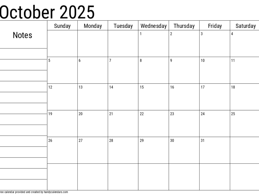 October 2025 Calendar With Notes Handy Calendars
