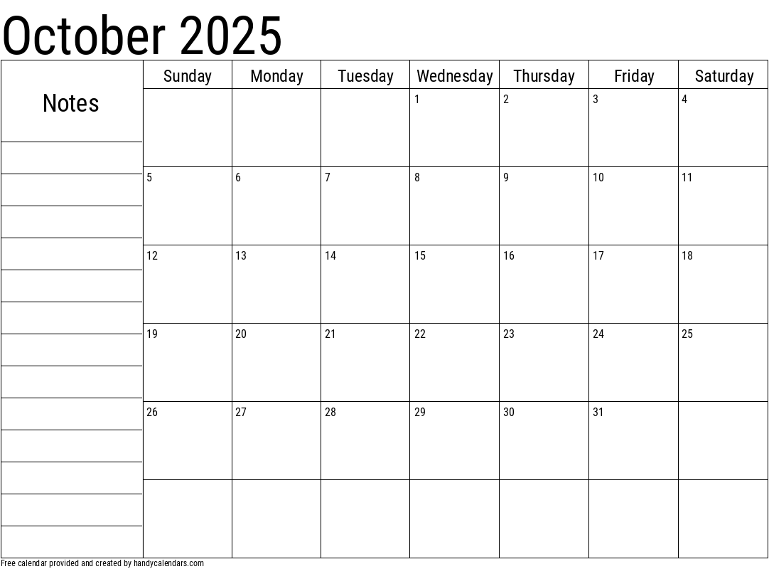 October 2025 Calendar With Notes Handy Calendars