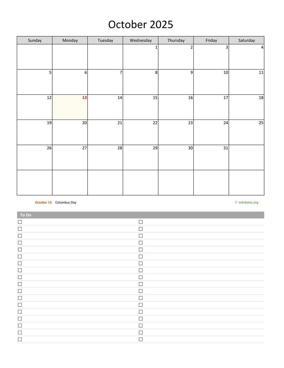 Calendar For October 2025 Printable