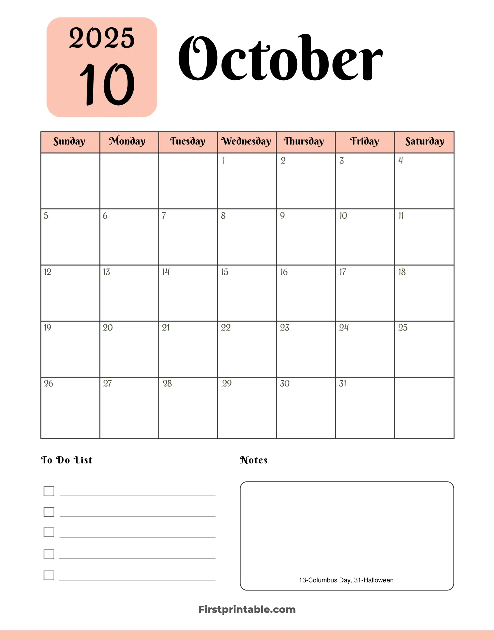 Calendar October 2025 Printable