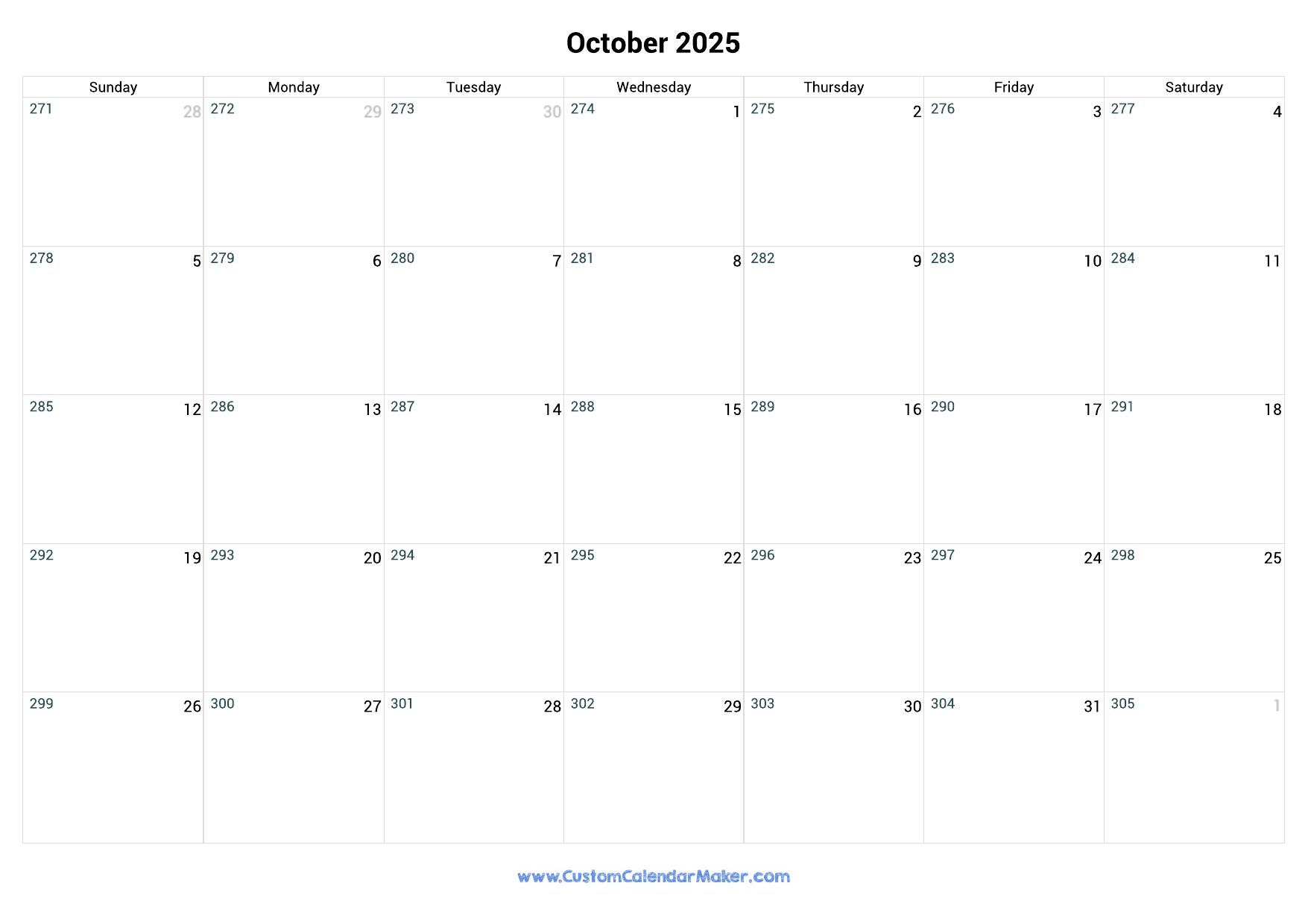 October 2025 Day Number Of The Year Calendar Custom Calendar Maker