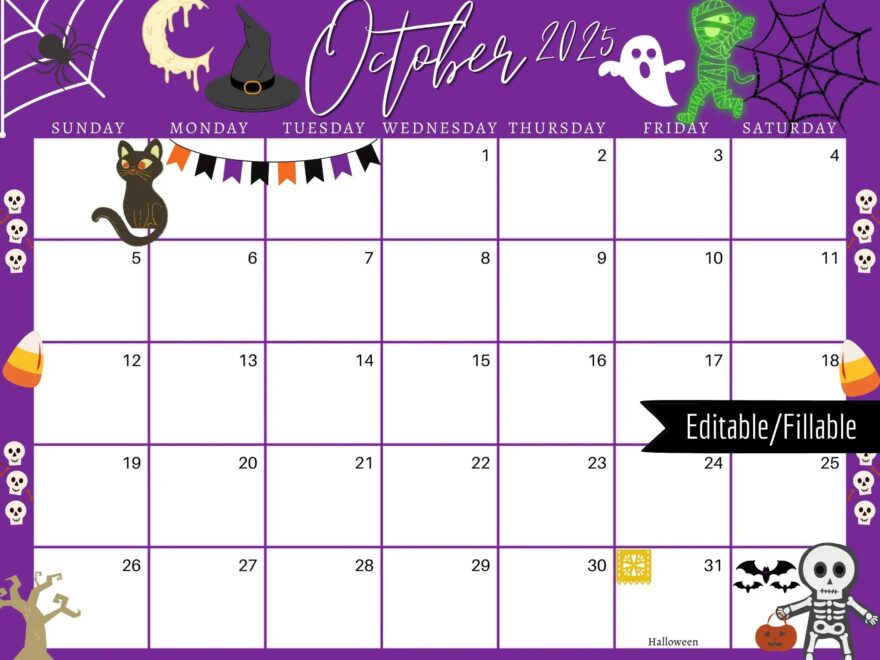 October 2025 Halloween Calendar Purple Printable Planner PDF PNG JPG Etsy