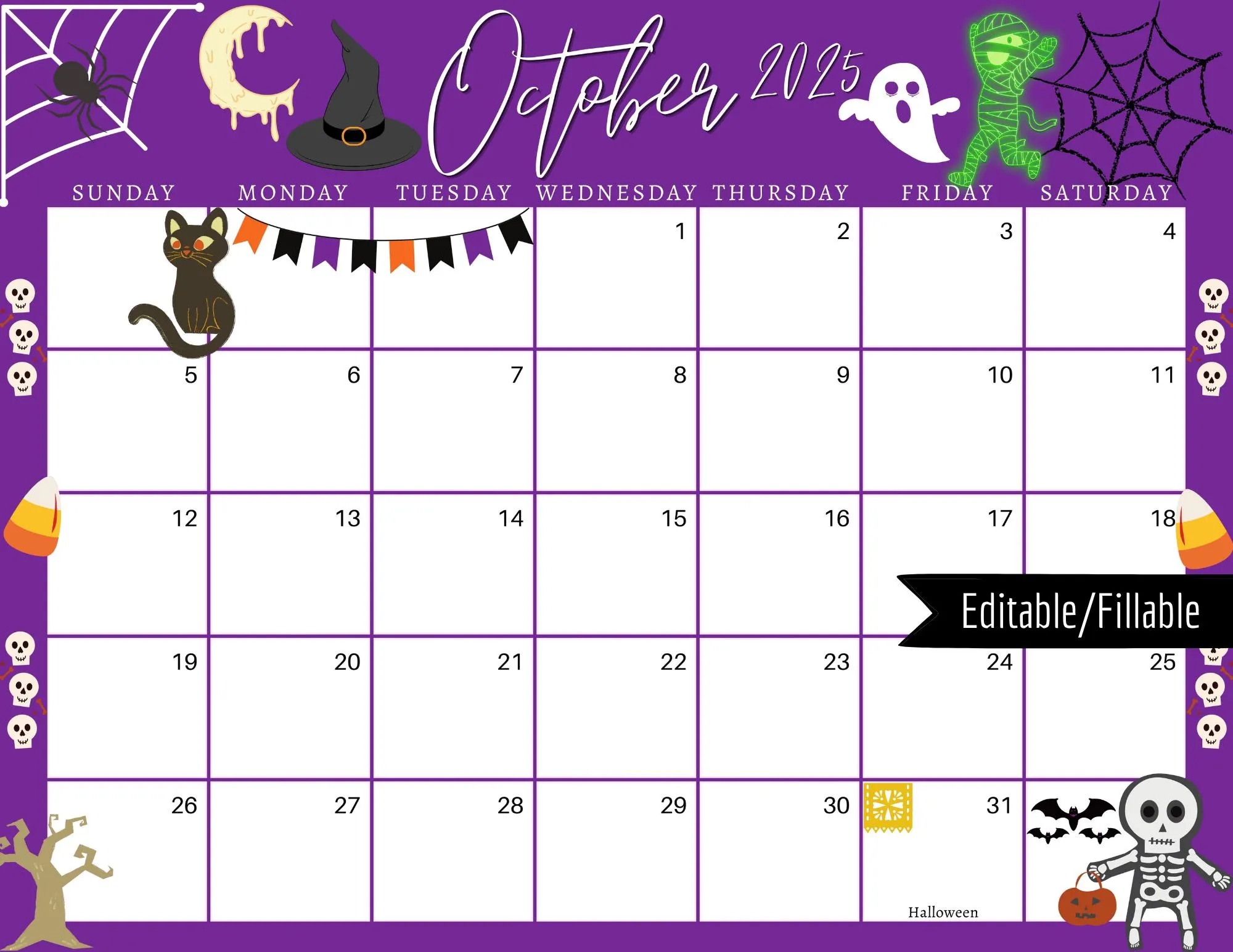 October 2025 Halloween Calendar Purple Printable Planner PDF PNG JPG Etsy