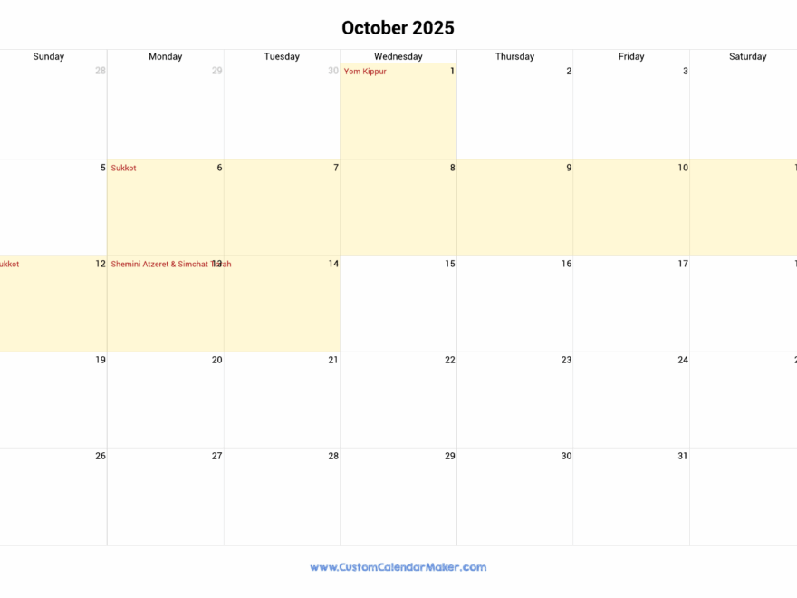 October 2025 Jewish Calendar With Hebrew Holidays Custom Calendar Maker
