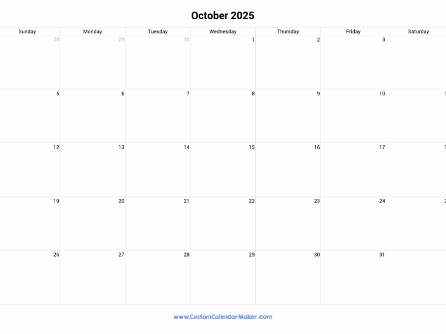 October 2025 Landscape Calendar With Large Boxes Custom Calendar Maker