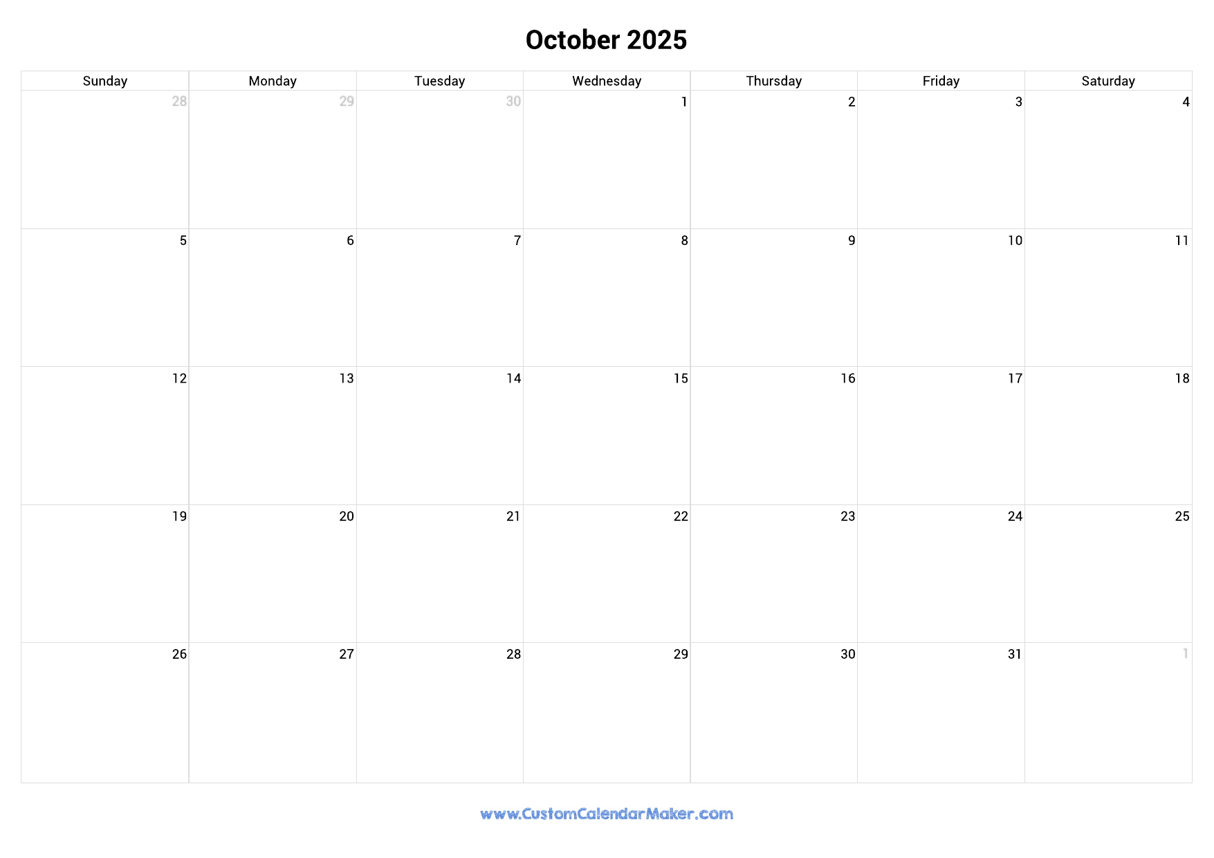 October 2025 Landscape Calendar With Large Boxes Custom Calendar Maker