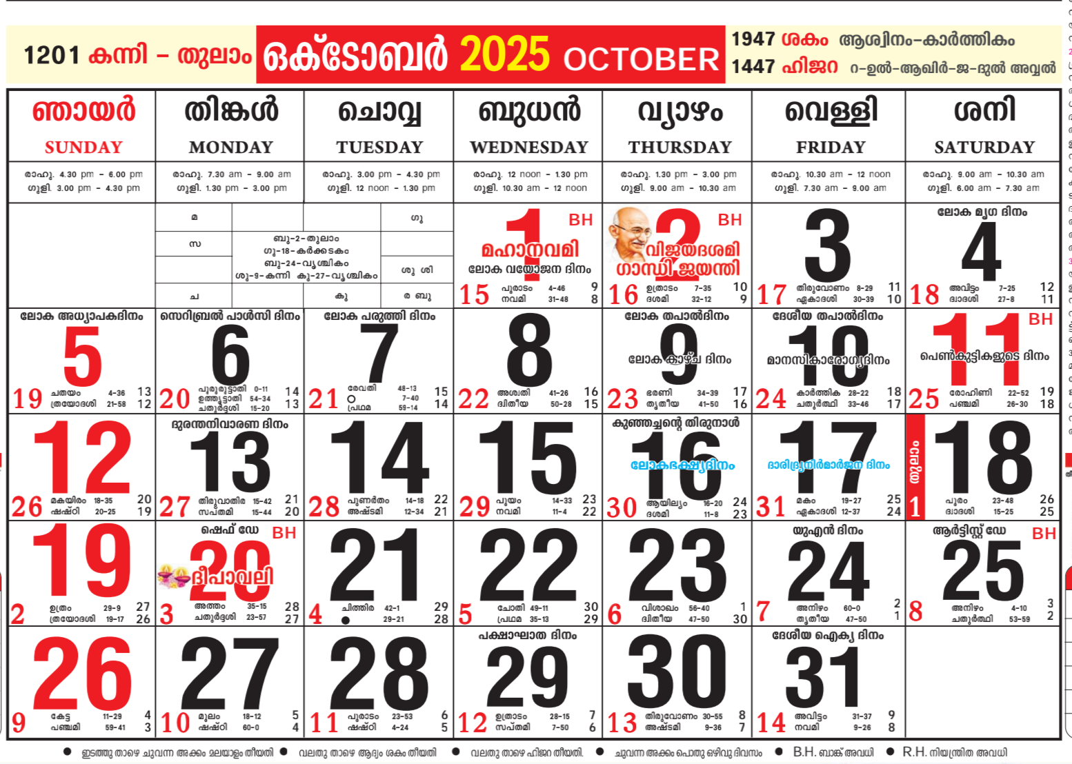 October 2025 Malayalam Calendar All Important Dates Holiday Festival List Calendar Paper