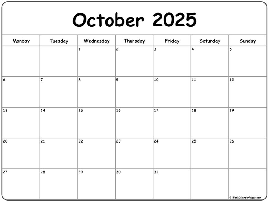 October 2025 Monday Calendar Monday To Sunday