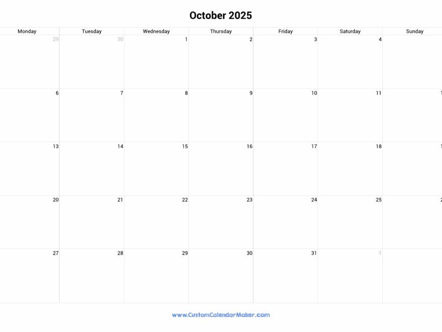 October 2025 Monday Start Calendar Monday To Sunday Custom Calendar Maker