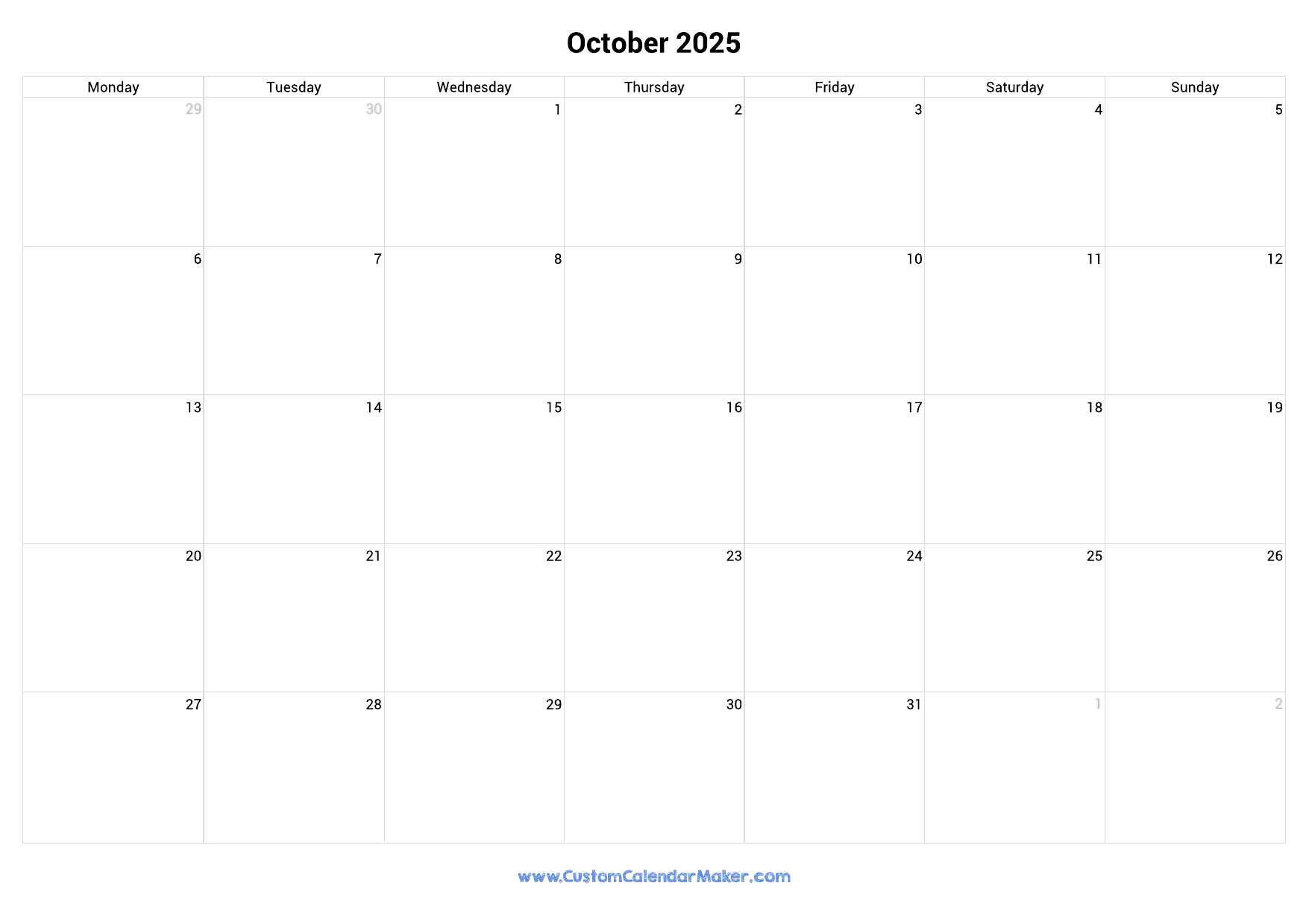 October 2025 Monday Start Calendar Monday To Sunday Custom Calendar Maker