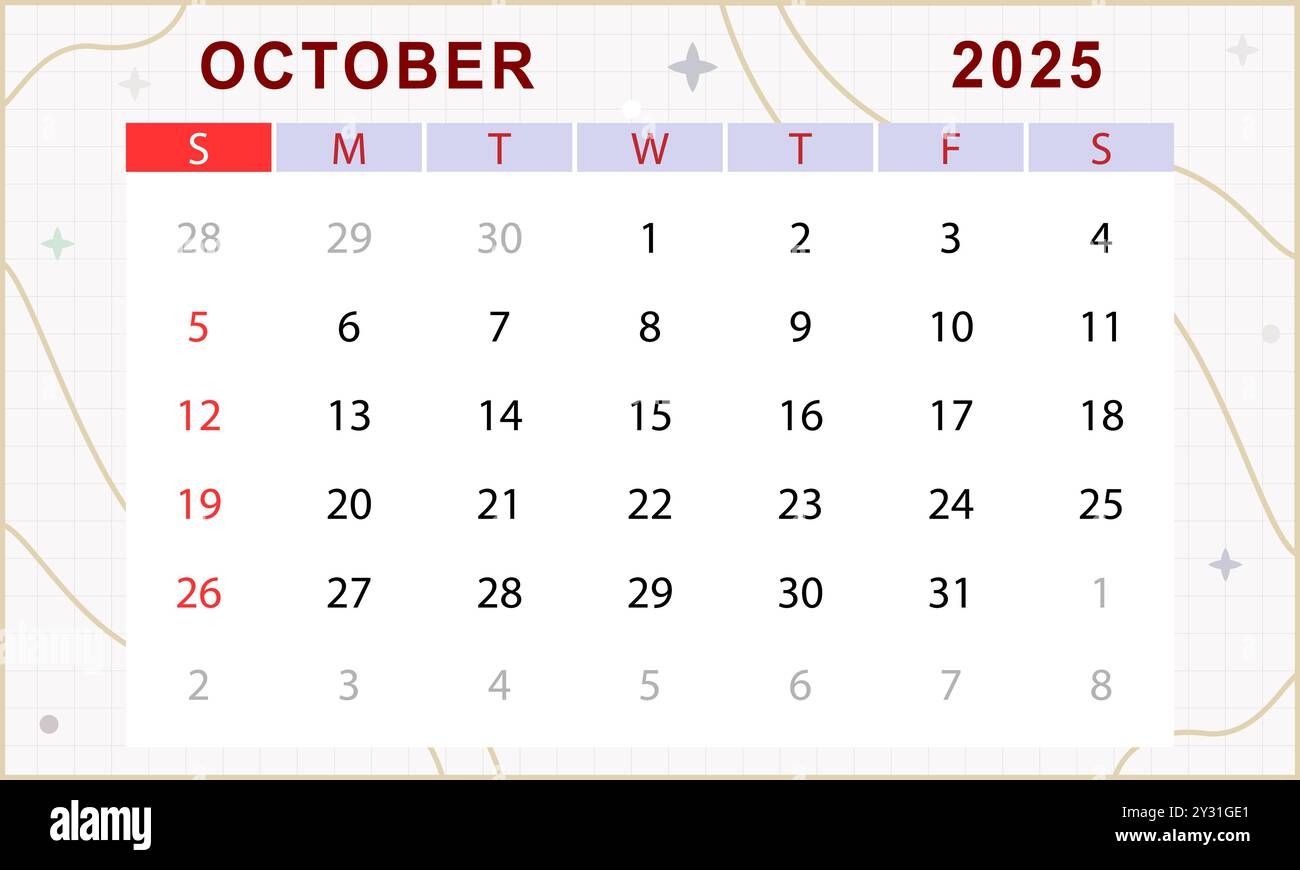 October 2025 Monthly Calendar Cute Calendar Template Sunday Start Vector Design Stock Vector Image Art Alamy