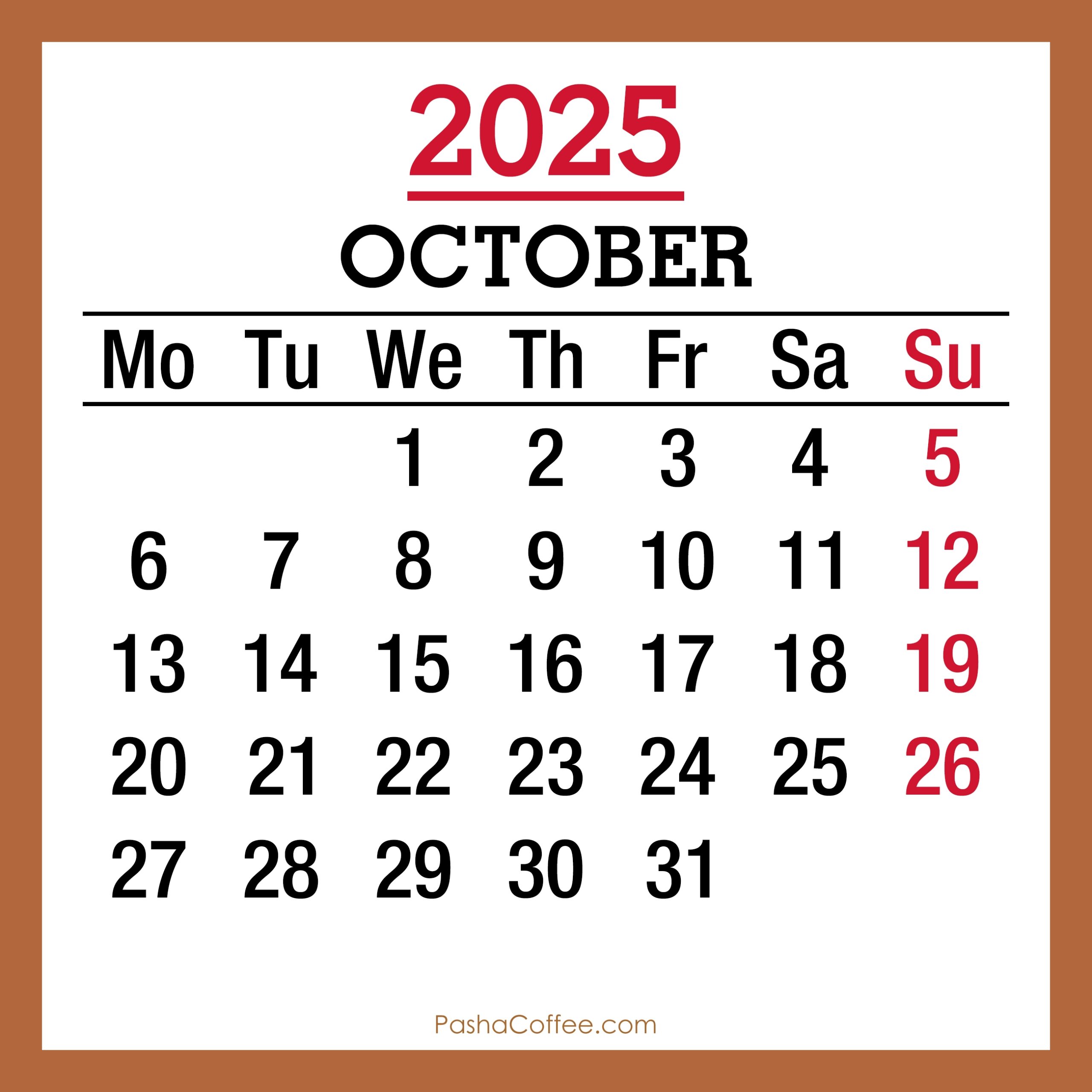 October 2025 Monthly Calendar Printable Free Beige Monday Start PashaCoffee