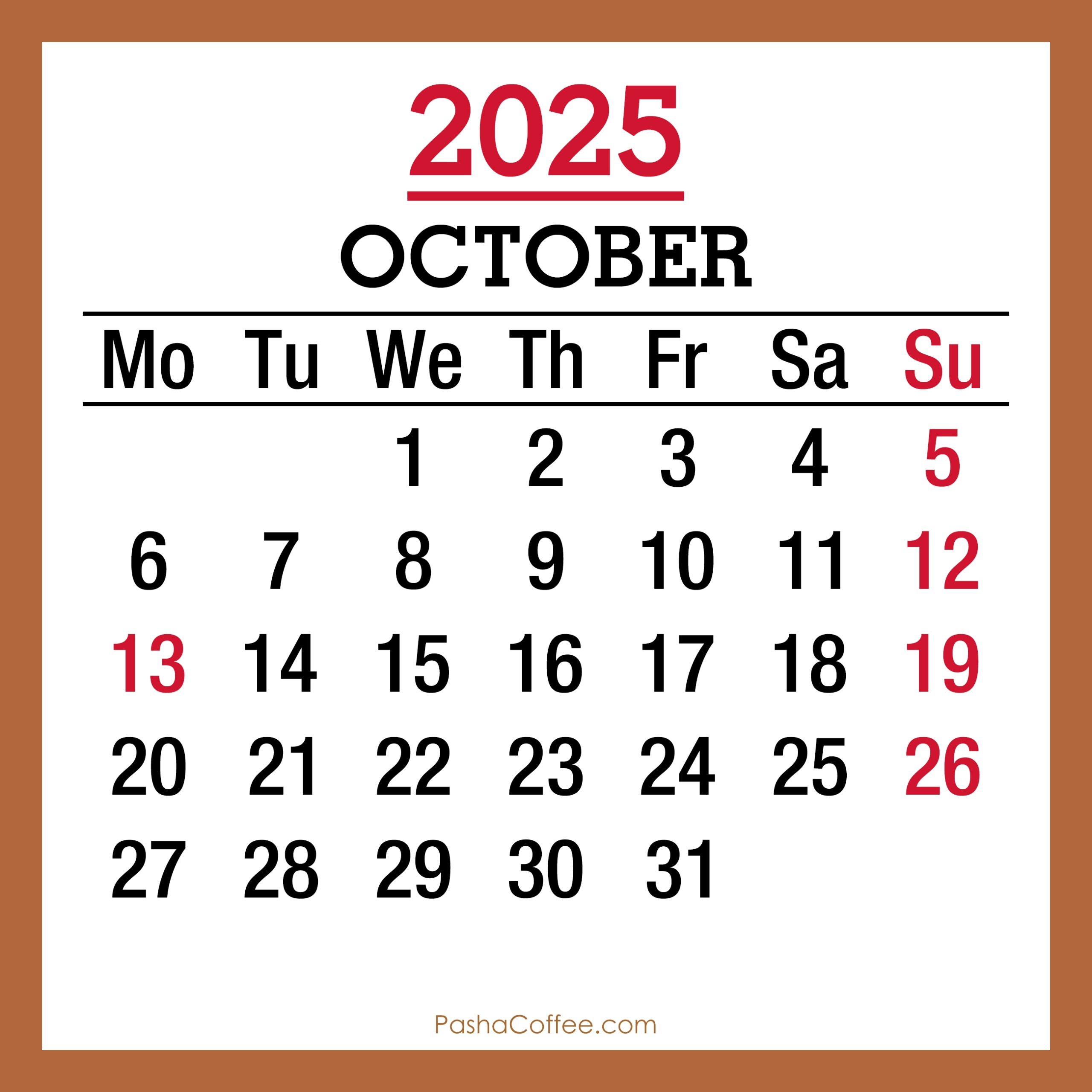 October 2025 Monthly Calendar With Holidays Printable Free Beige Monday Start PashaCoffee