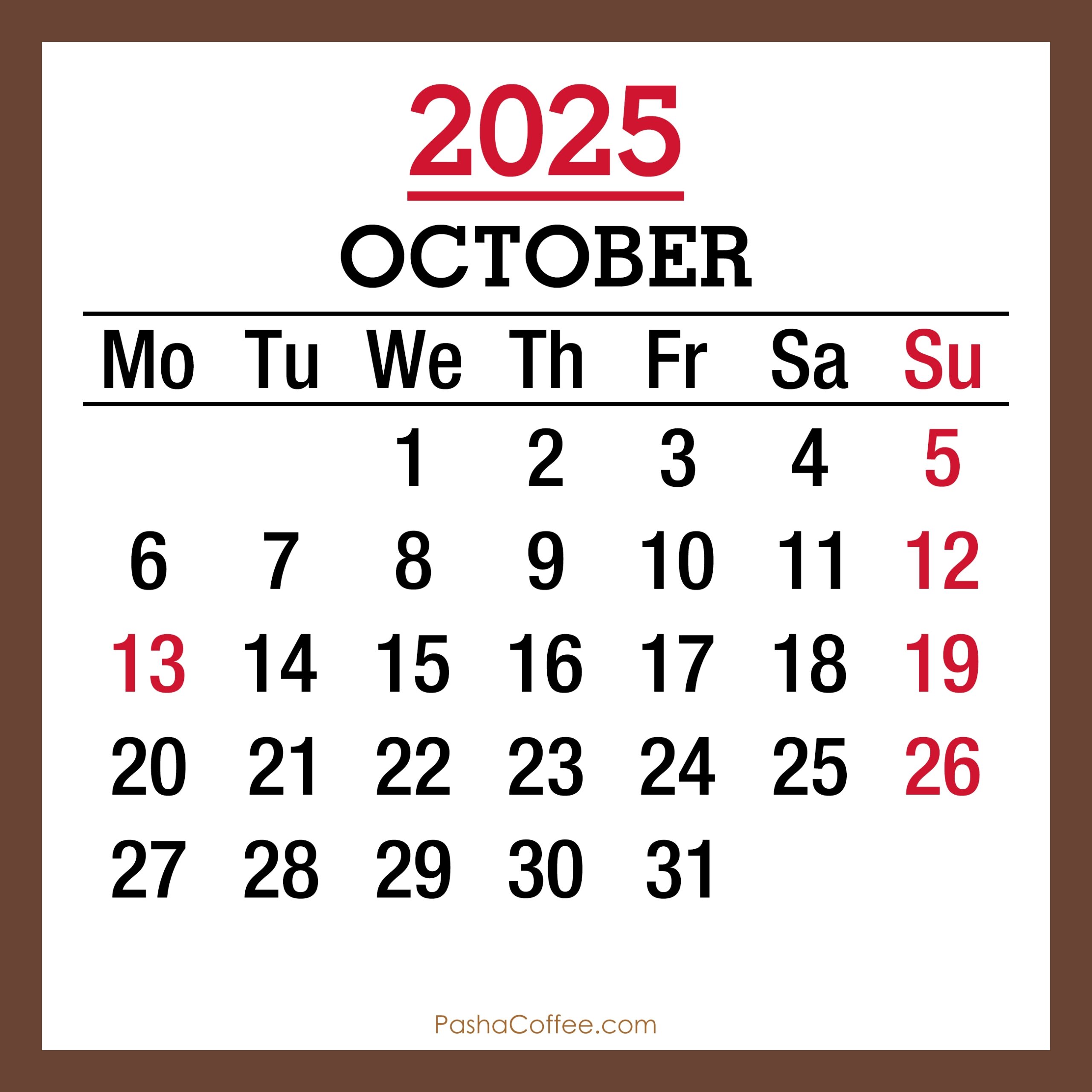 October 2025 Monthly Calendar With Holidays Printable Free Brown Monday Start PashaCoffee