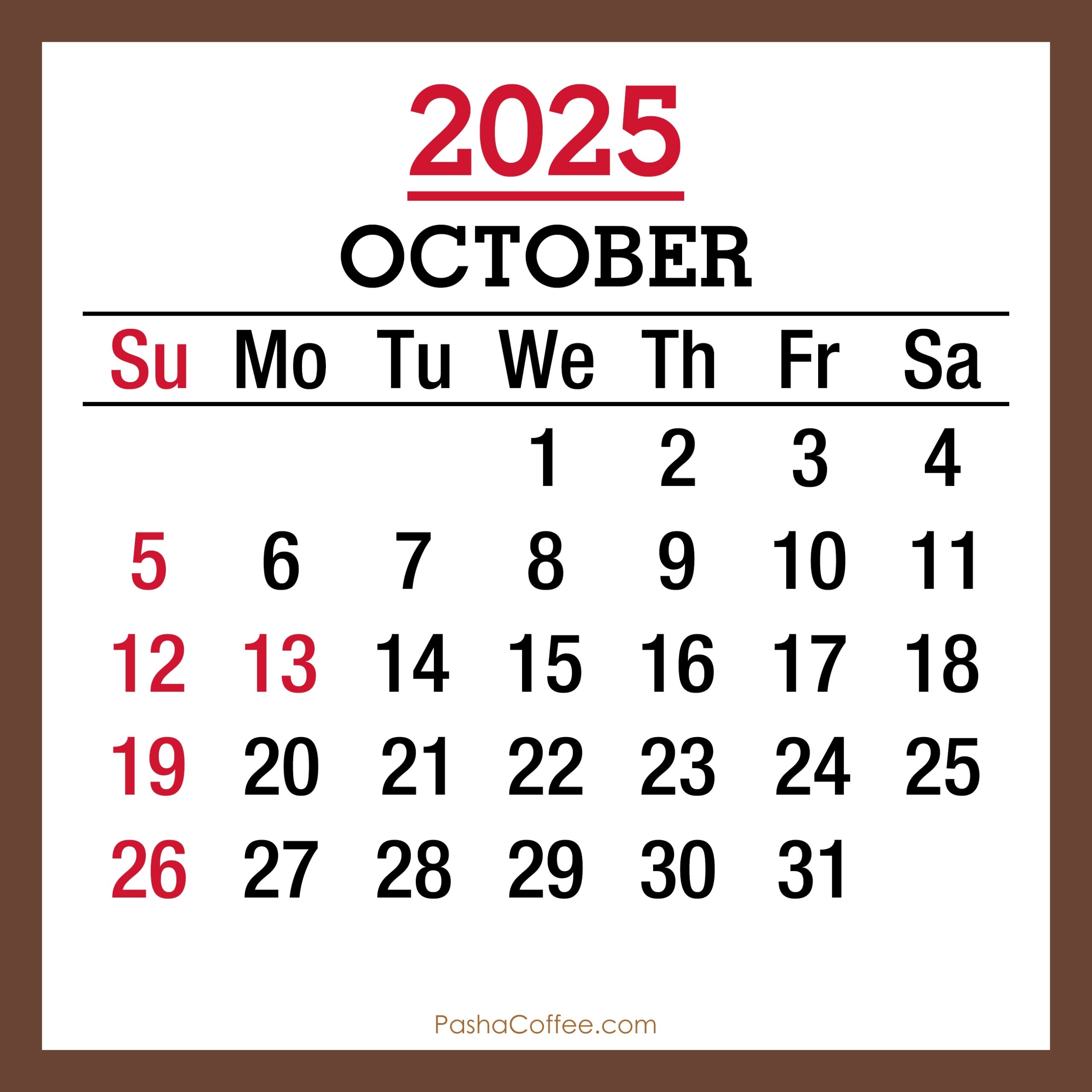 October 2025 Monthly Calendar With Holidays Printable Free Brown Sunday Start PashaCoffee