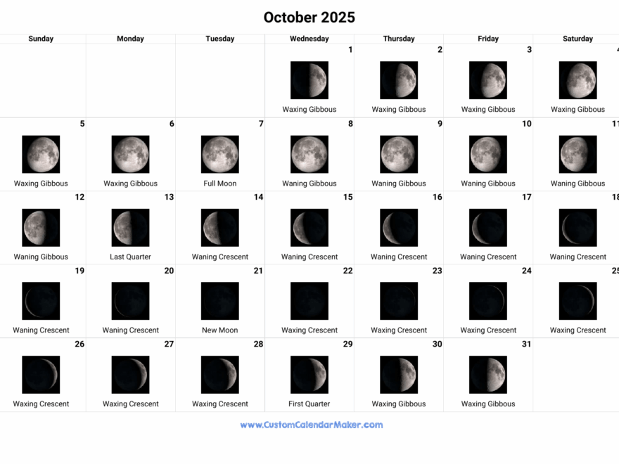 October 2025 Moon Phases Calendar Custom Calendar Maker