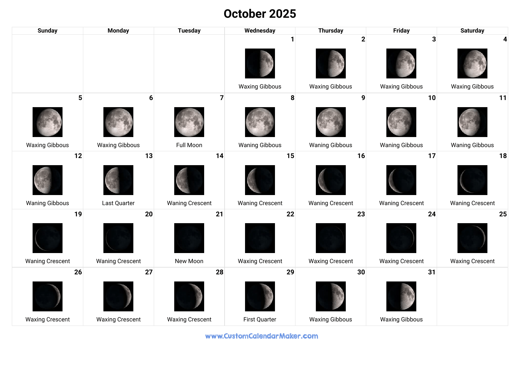 October 2025 Moon Phases Calendar Custom Calendar Maker