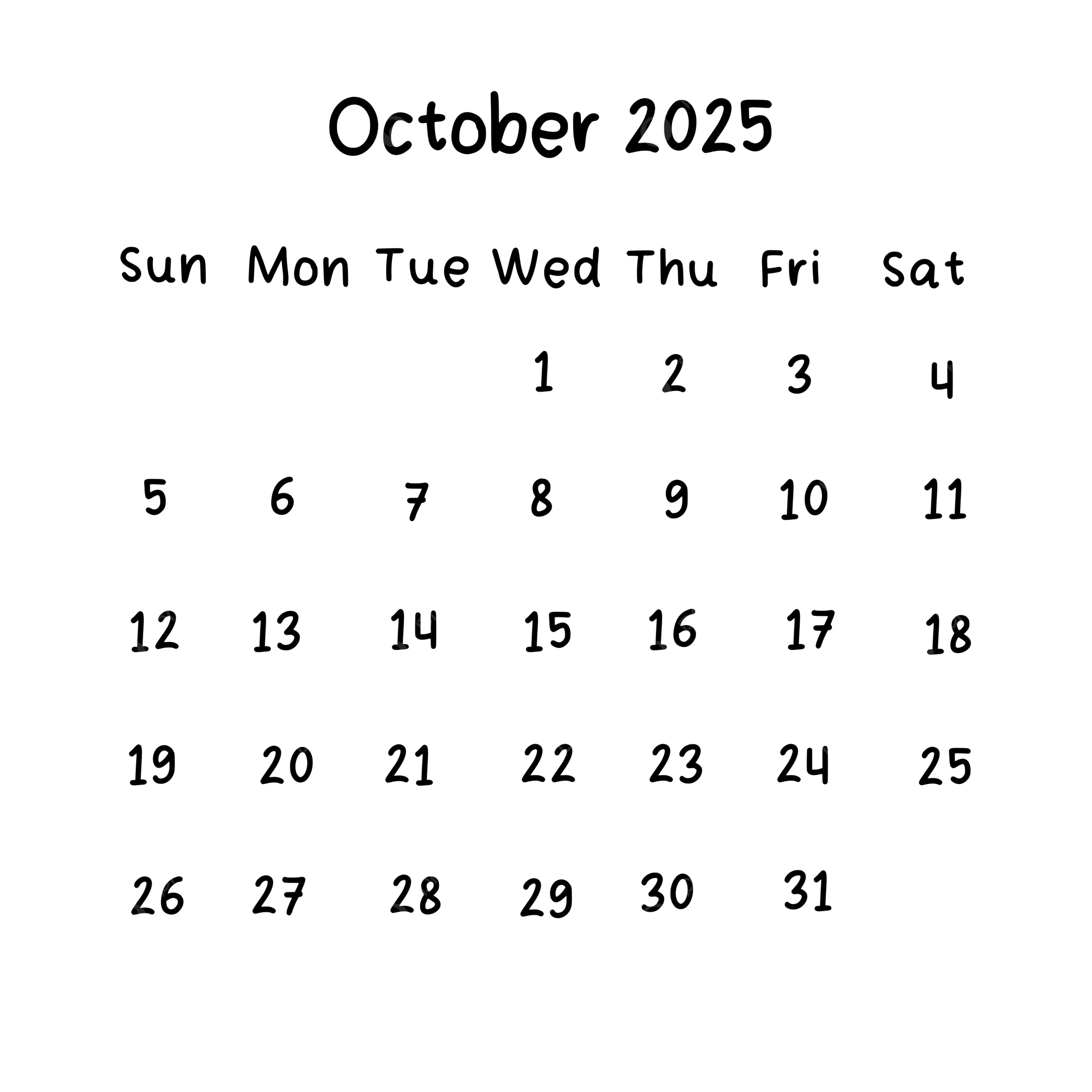 October 2025 Plain Calendar In Black Color 2025 Calendar October Calendar PNG Transparent Clipart Image And PSD File For Free Download